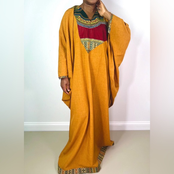 Handmade Burnt Yellow Dashiki Detail Maxi Kaftan Oversized Dress - Picture 3 of 12
